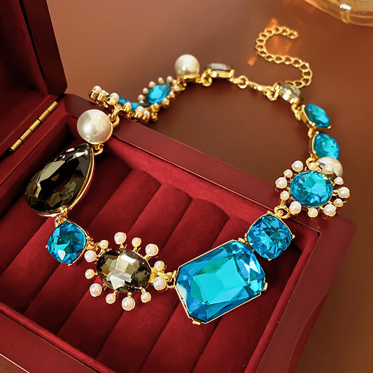 Luxurious Blue & Black Gemstone Statement Necklace and Earrings with Pearls