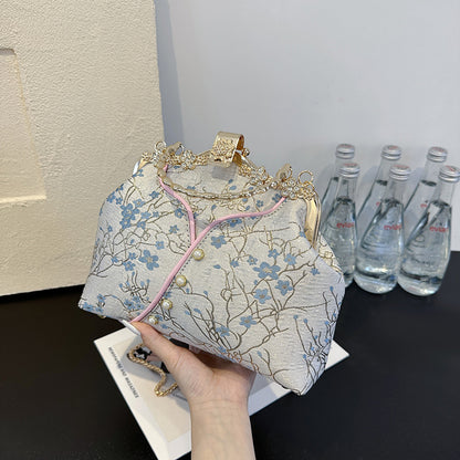 Vintage Floral Brocade Clutch Bag | Crystal Frame Evening Purse with Pearl Handle