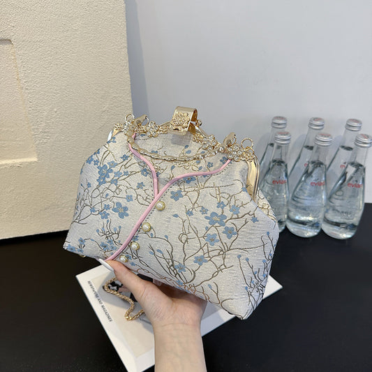 Vintage Floral Brocade Clutch Bag | Crystal Frame Evening Purse with Pearl Handle