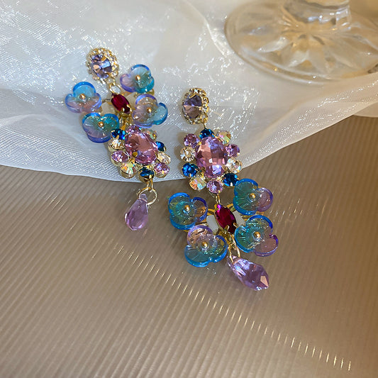 Whimsical Fantasy Floral Chandelier Drop Earrings | Multi-Color Acrylic Flowers & Crystal Dangles | Statement Jewelry
