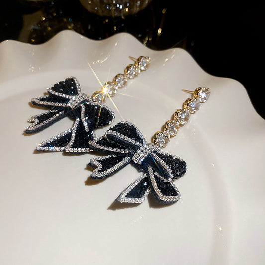 Dazzling Black Bow Knot & Crystal Drop Earrings | Elegant Rhinestone Dangle Statement Jewelry | Fashion Party Accessory