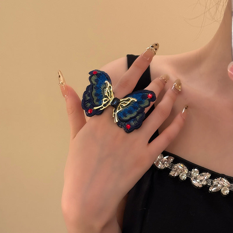Elegant Embroidered Butterfly Statement Ring - Blue & Gold