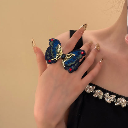 Elegant Embroidered Butterfly Statement Ring - Blue & Gold