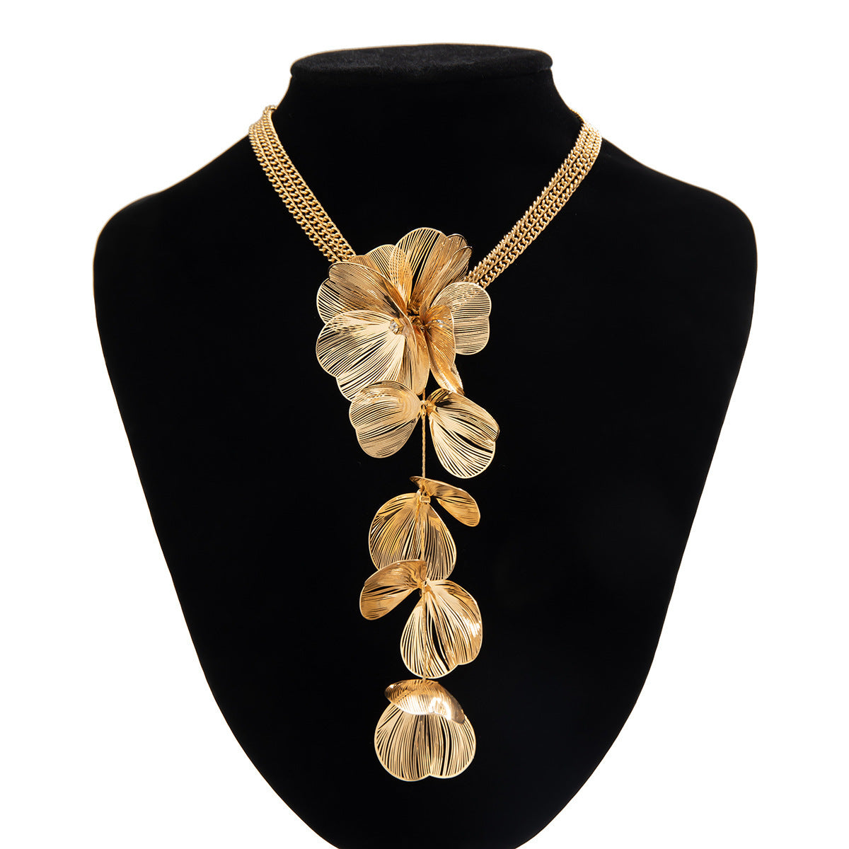 Large Gold & Black Floral Cascade Necklace | Multi-Strand Chain & Wireframe Petals