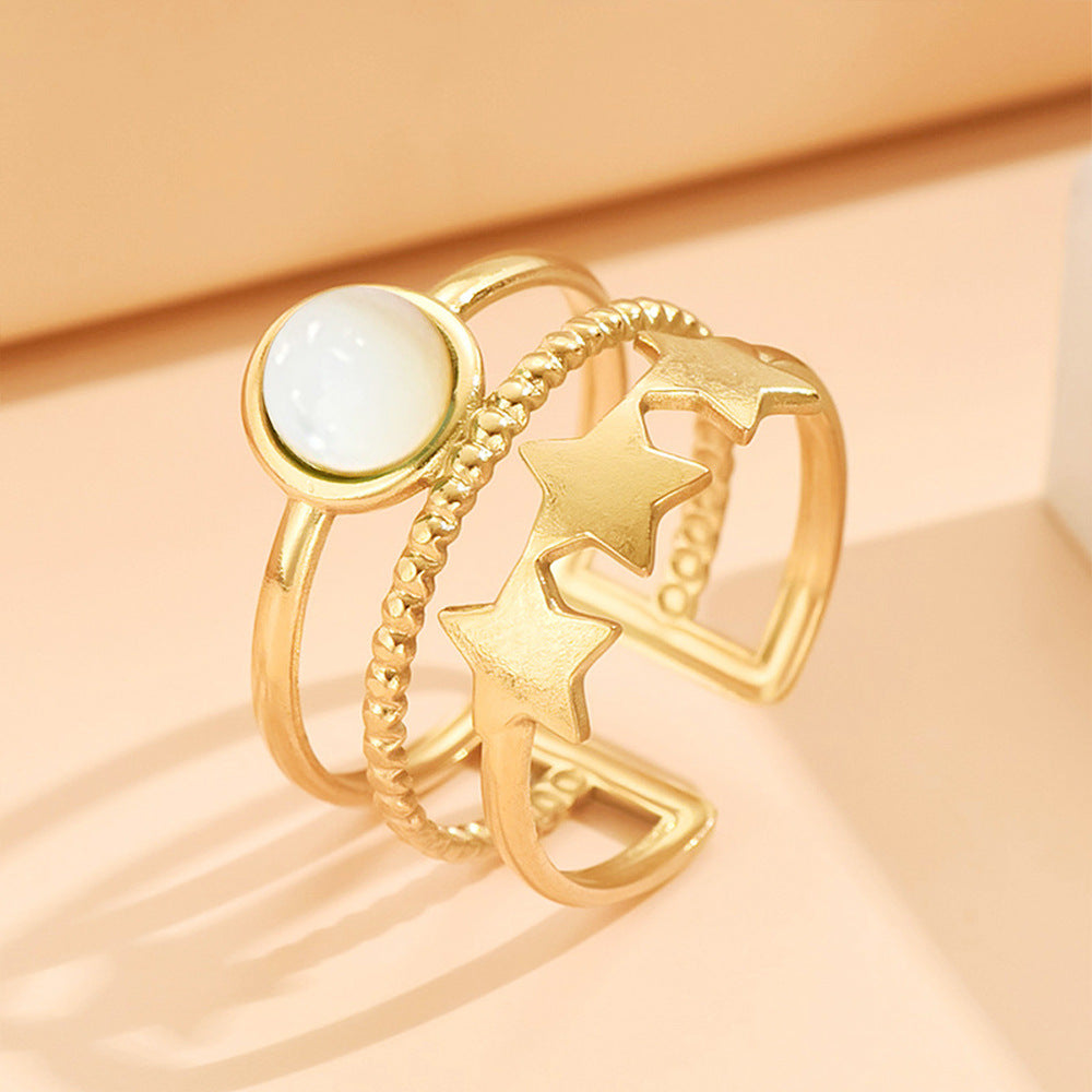 Adjustable Layered-Look Star Ring with Natural Stone | Multi-Band Gold-Tone