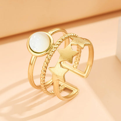 Adjustable Layered-Look Star Ring with Natural Stone | Multi-Band Gold-Tone
