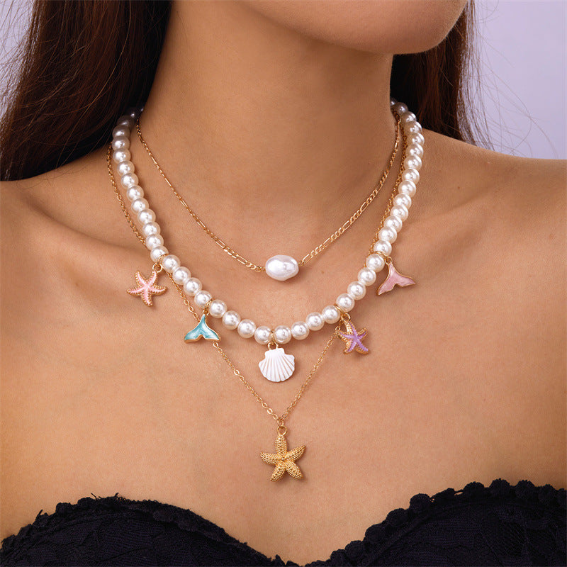 Layered Pearl Choker Necklace with Beach Charms | Starfish & Mermaid Tail