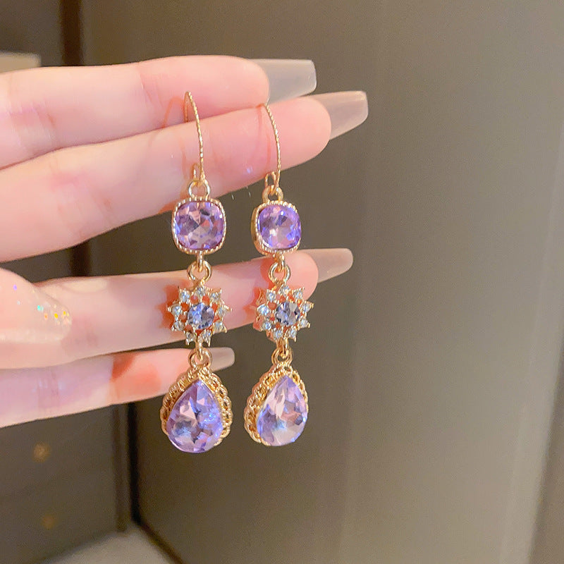 Luxury Lavender Crystal Dangle Earrings | Gold-Tone Square & Teardrop Rhinestone Drops | Statement Wedding & Prom Jewelry