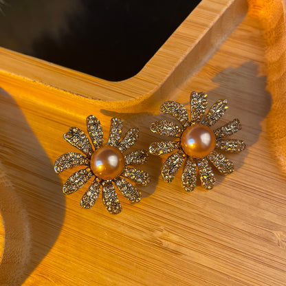 Elegant Champagne Pearl & Sparkling Flower Jewelry Set