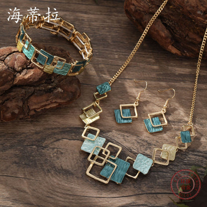 Modern Geometric Square Necklace Set in Teal & Gold | Earrings & Bracelet Included