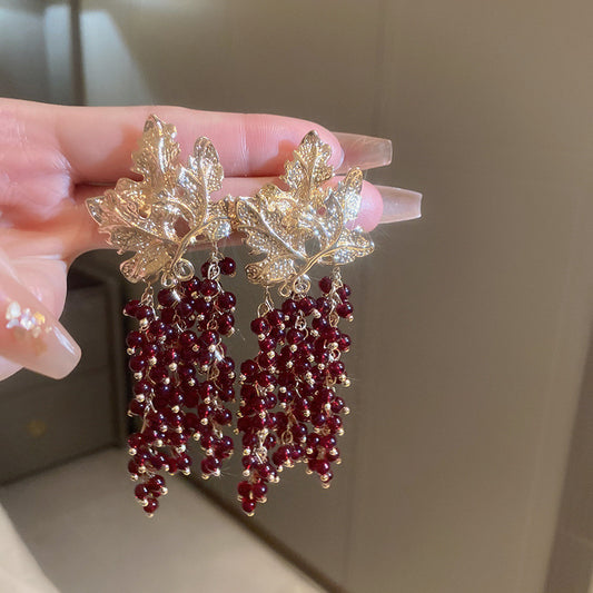 Elegant Maple Leaf & Red Berry Cluster Drop Earrings | Gold-Tone Textured Leaf Statement Dangles | Festive Jewelry