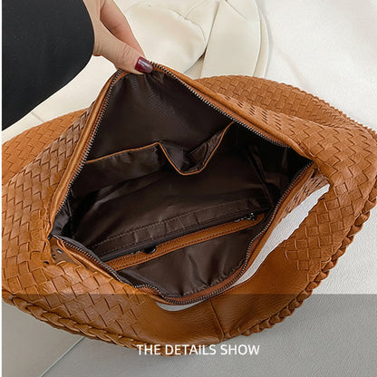 Gold Woven Faux Leather Hobo Shoulder Bag