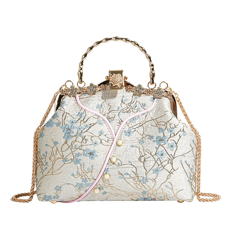Vintage Floral Brocade Clutch Bag | Crystal Frame Evening Purse with Pearl Handle