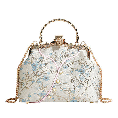 Vintage Floral Brocade Clutch Bag | Crystal Frame Evening Purse with Pearl Handle