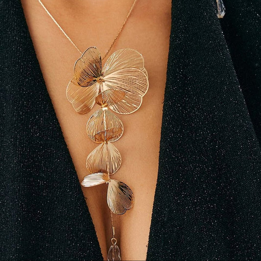 Floral Cascade Lariat Necklace with Crystal Teardrop | Gold or Silver Finish