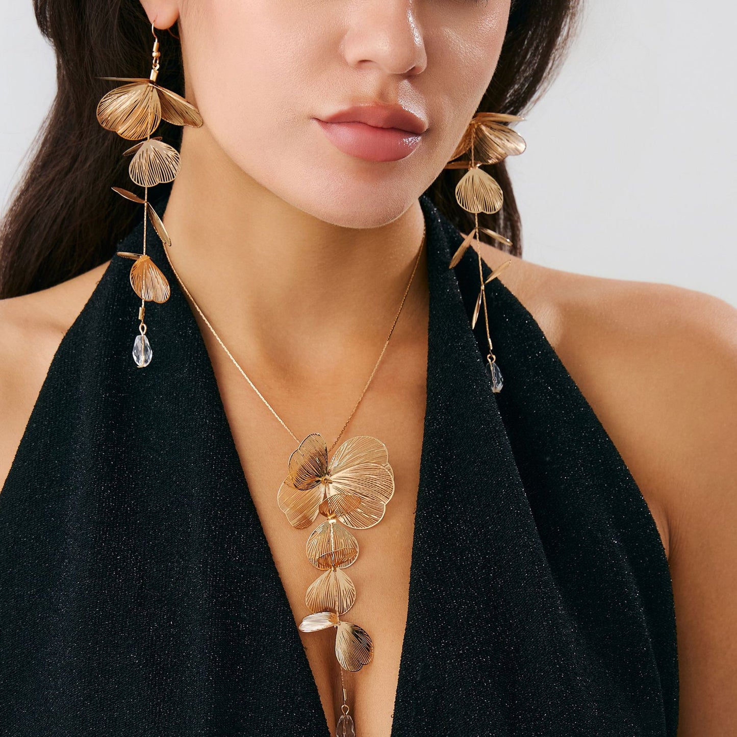 Long Floral Cascade Dangle Earrings | Gold or Silver with Crystal Drop