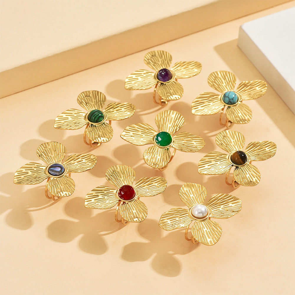 Textured Gold Flower Statement Ring | Adjustable with Natural Stone Center