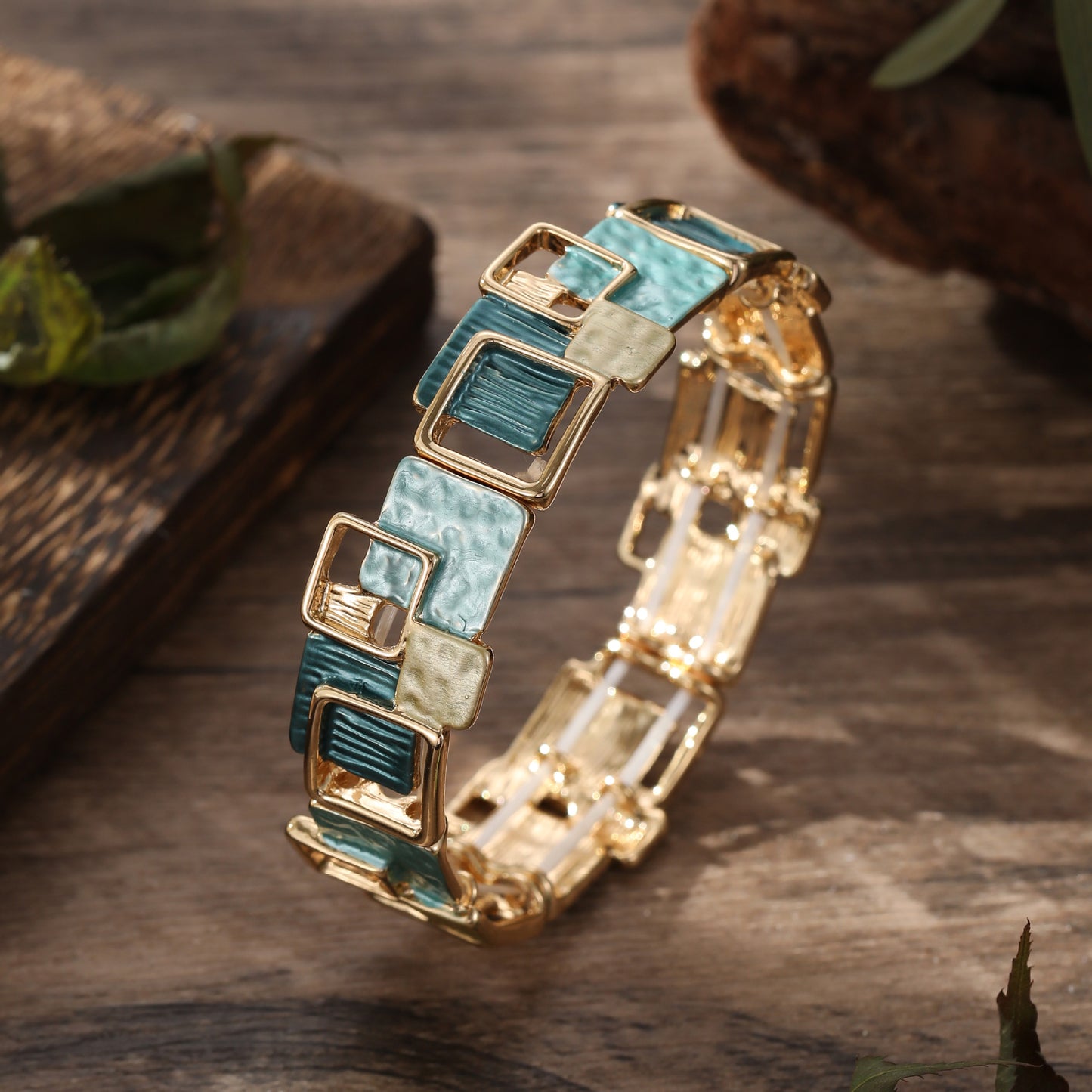 Modern Geometric Square Necklace Set in Teal & Gold | Earrings & Bracelet Included