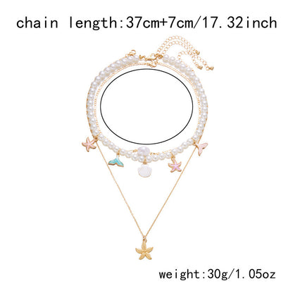 Layered Pearl Choker Necklace with Beach Charms | Starfish & Mermaid Tail