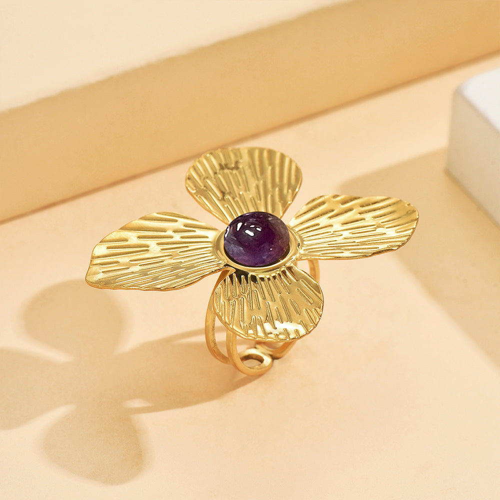Textured Gold Flower Statement Ring | Adjustable with Natural Stone Center
