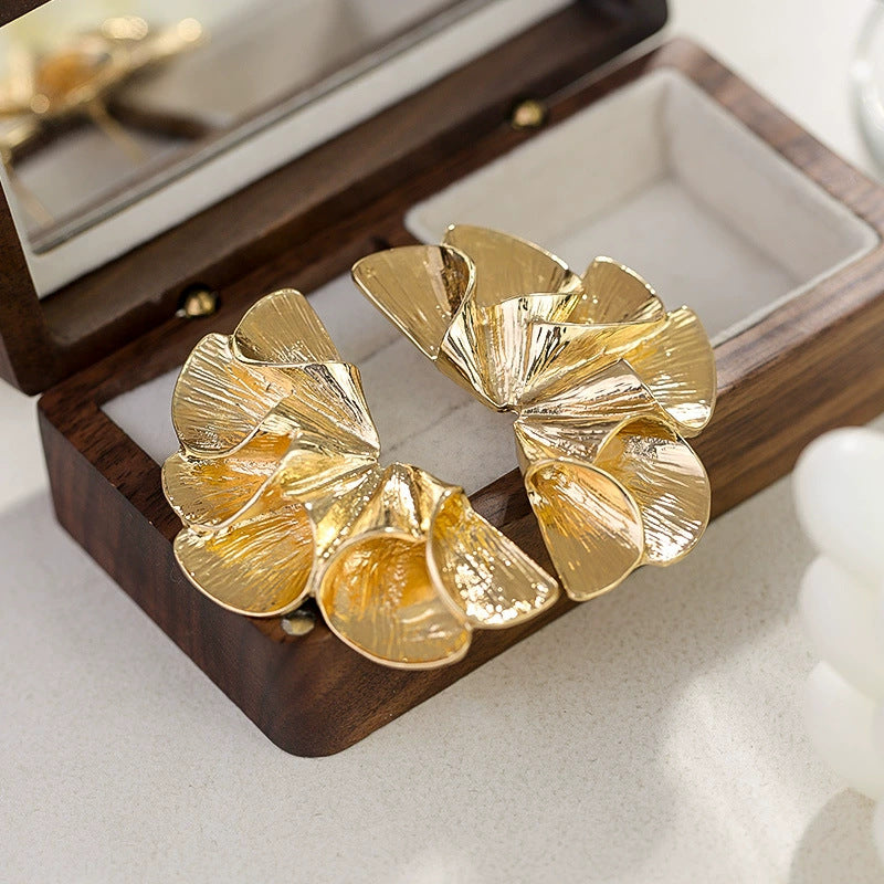 Textured Gold Fan Petal Statement Studs | Botanical Jewelry