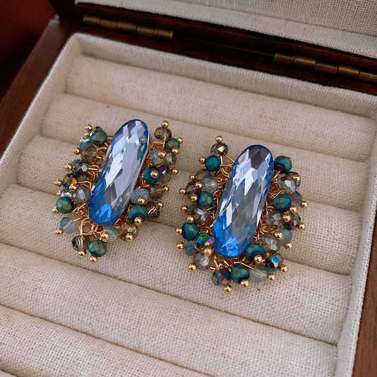 Unique Blue Crystal Cluster Stud Earrings | Gold Tone Oblong Faceted Gem & Teal Bead Halo | Cocktail Statement Jewelry