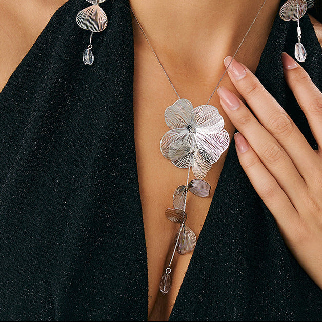 Floral Cascade Lariat Necklace with Crystal Teardrop | Gold or Silver Finish