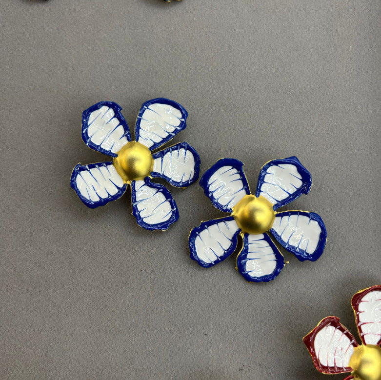 Large Enamel Flower Stud Earrings | Bold Artistic Floral Design