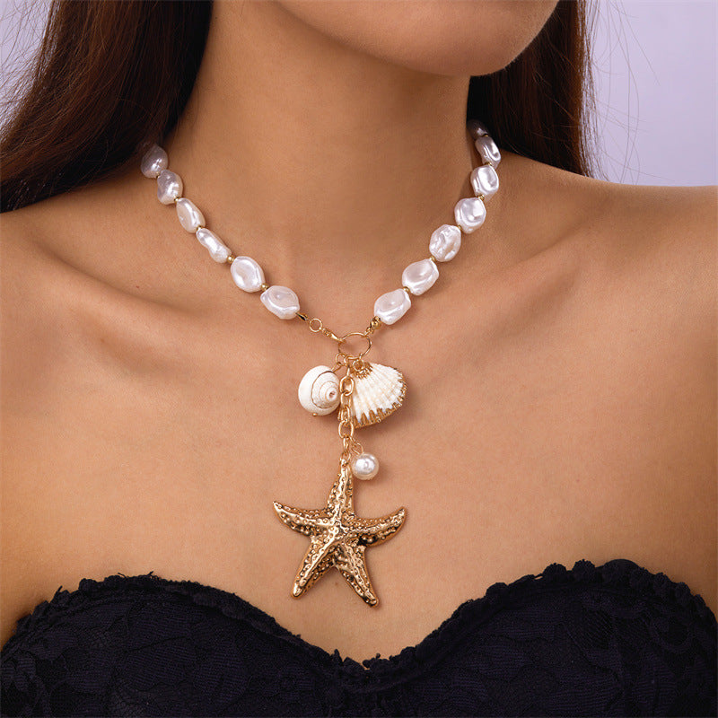 Baroque Pearl Necklace with Gold Starfish & Seashell Charms