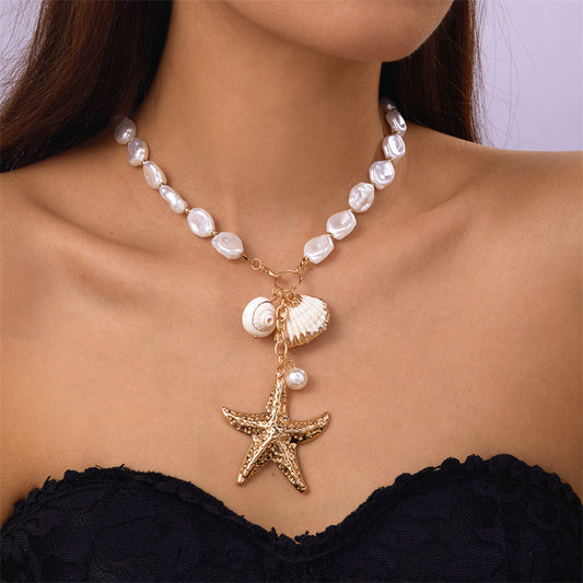 Baroque Pearl Necklace with Gold Starfish & Seashell Charms