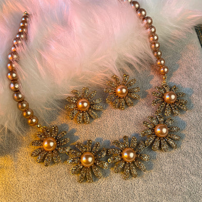Elegant Champagne Pearl & Sparkling Flower Jewelry Set