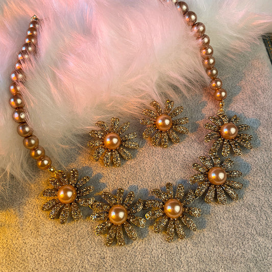 Elegant Champagne Pearl & Sparkling Flower Jewelry Set