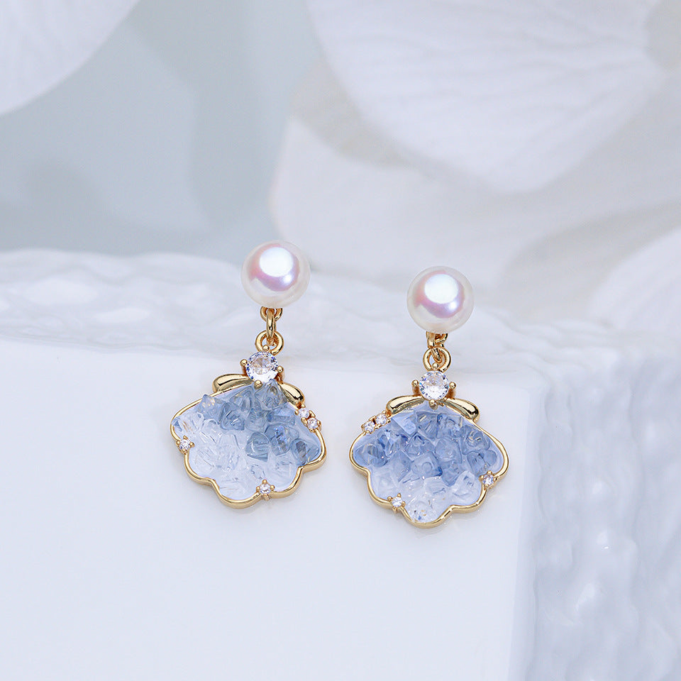 Ethereal Blue Crushed Crystal Seashell Earrings | Pearl Stud Dangle