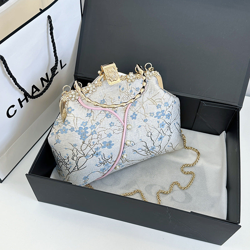 Vintage Floral Brocade Clutch Bag | Crystal Frame Evening Purse with Pearl Handle