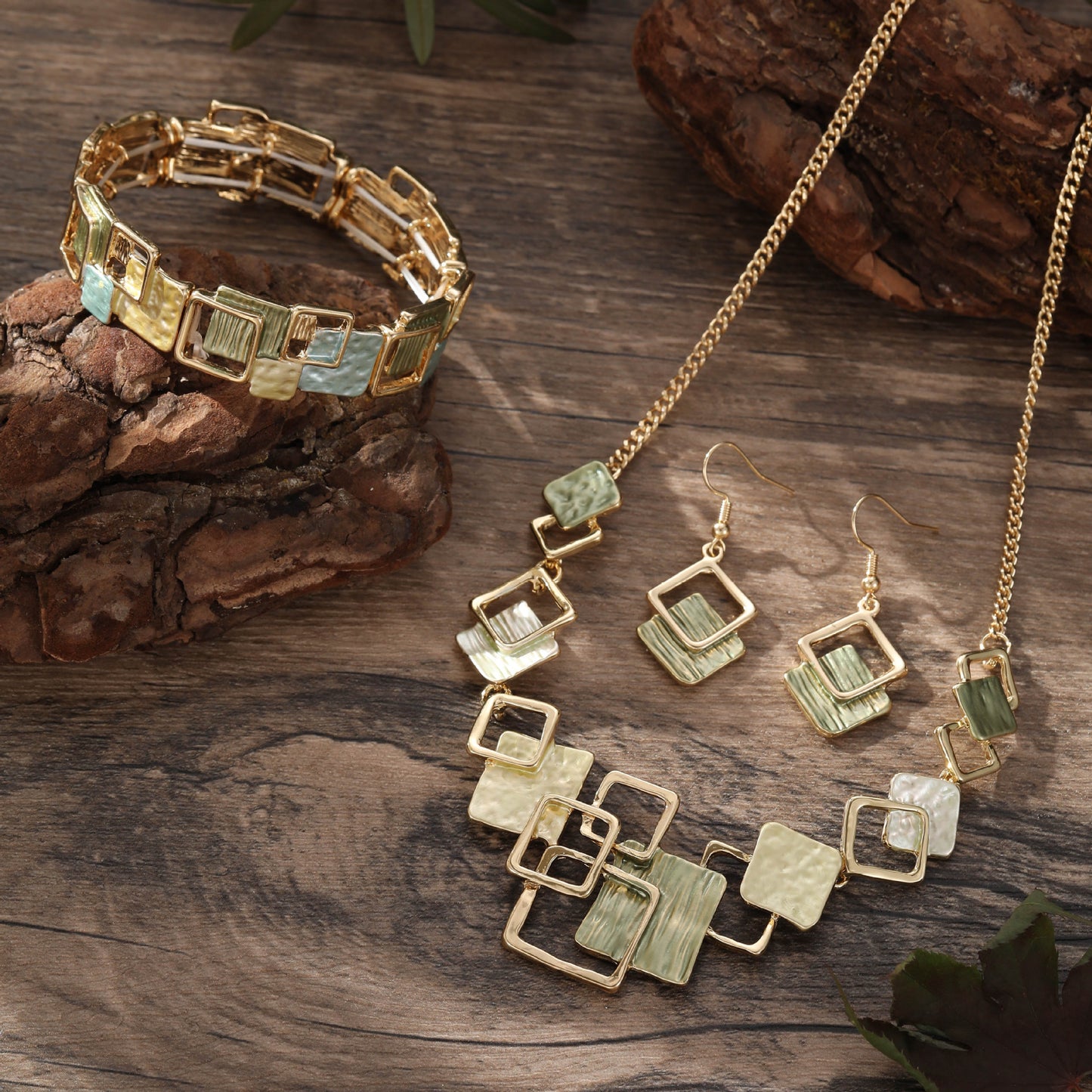 Modern Geometric Square Necklace Set in Teal & Gold | Earrings & Bracelet Included