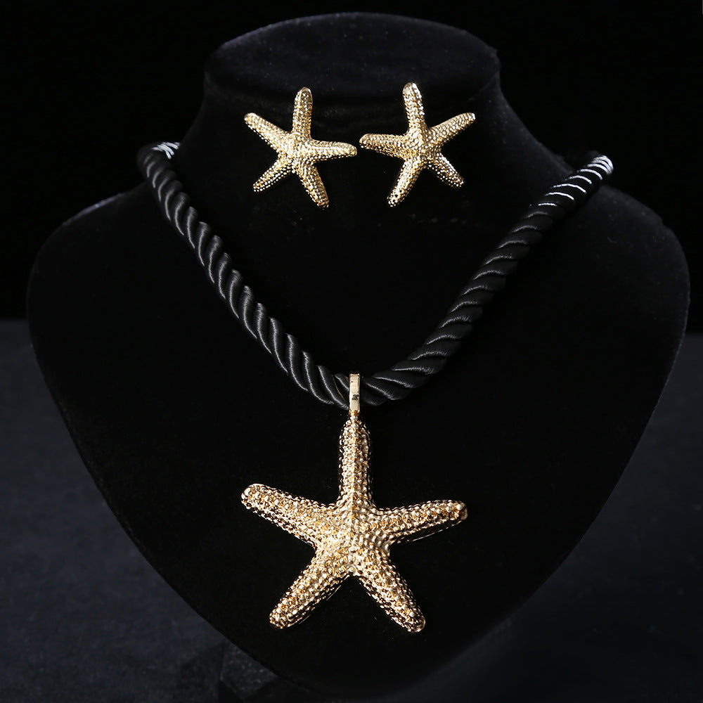 Bold Gold Starfish Pendant Necklace & Earring Set | Black Rope Chain