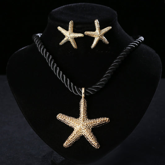 Bold Gold Starfish Pendant Necklace & Earring Set | Black Rope Chain