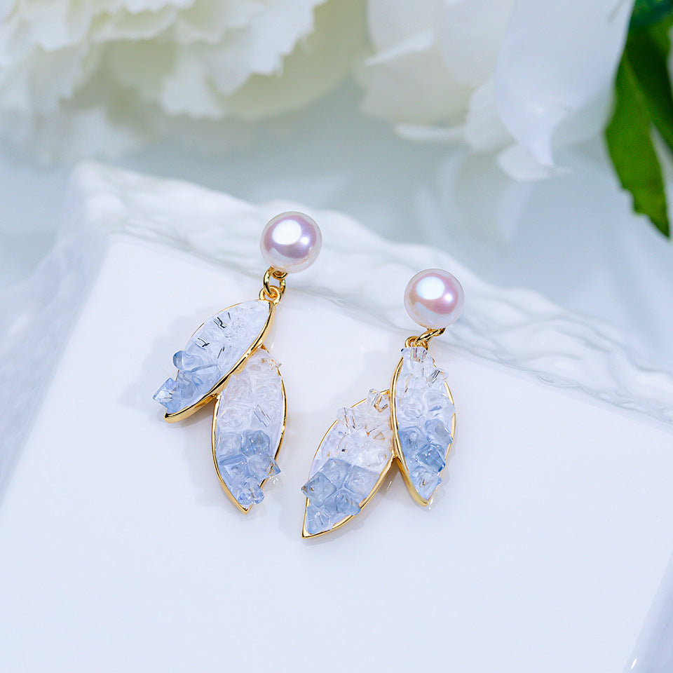 Blue Crushed Crystal Leaf Dangle Earrings | Pearl Stud Botanical Jewelry
