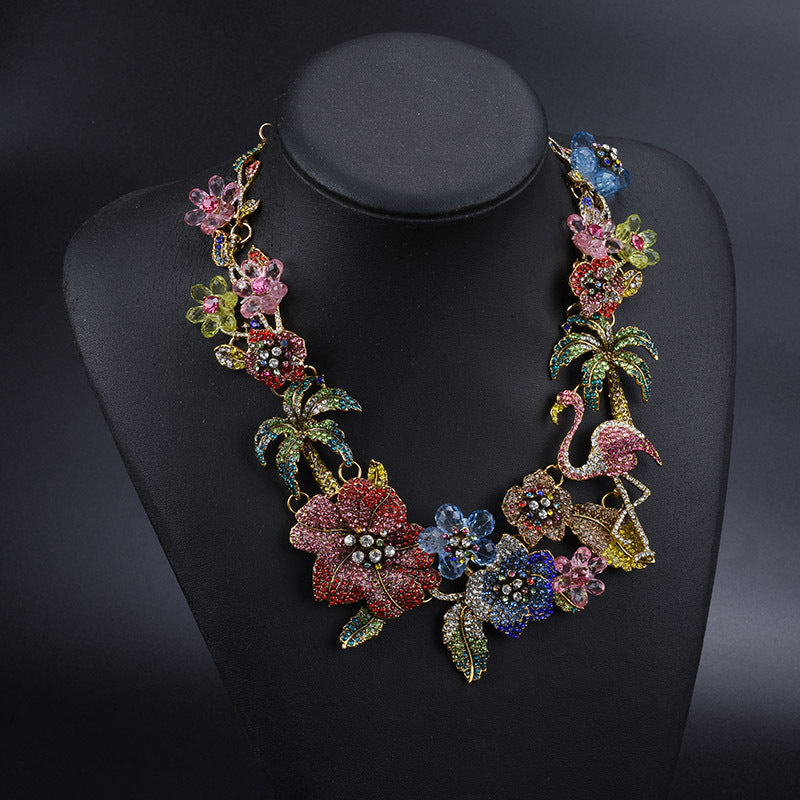Tropical Floral Statement Necklace for Women – Crystal Enamel Flamingo & Flower Designer Jewelry | Party, Wedding & Festive Wear