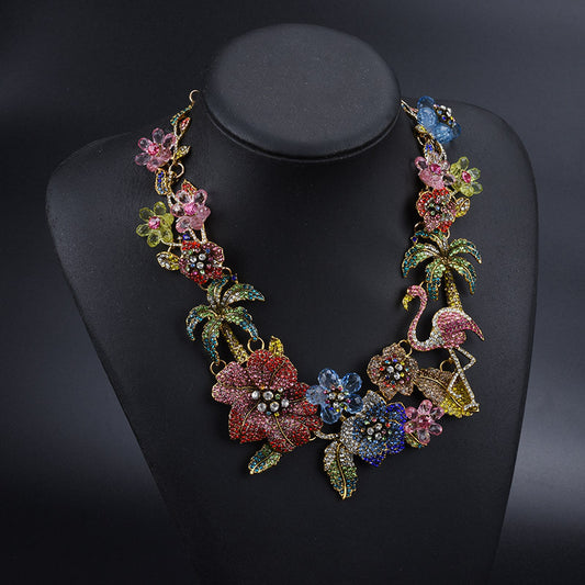 Tropical Floral Statement Necklace for Women – Crystal Enamel Flamingo & Flower Designer Jewelry | Party, Wedding & Festive Wear