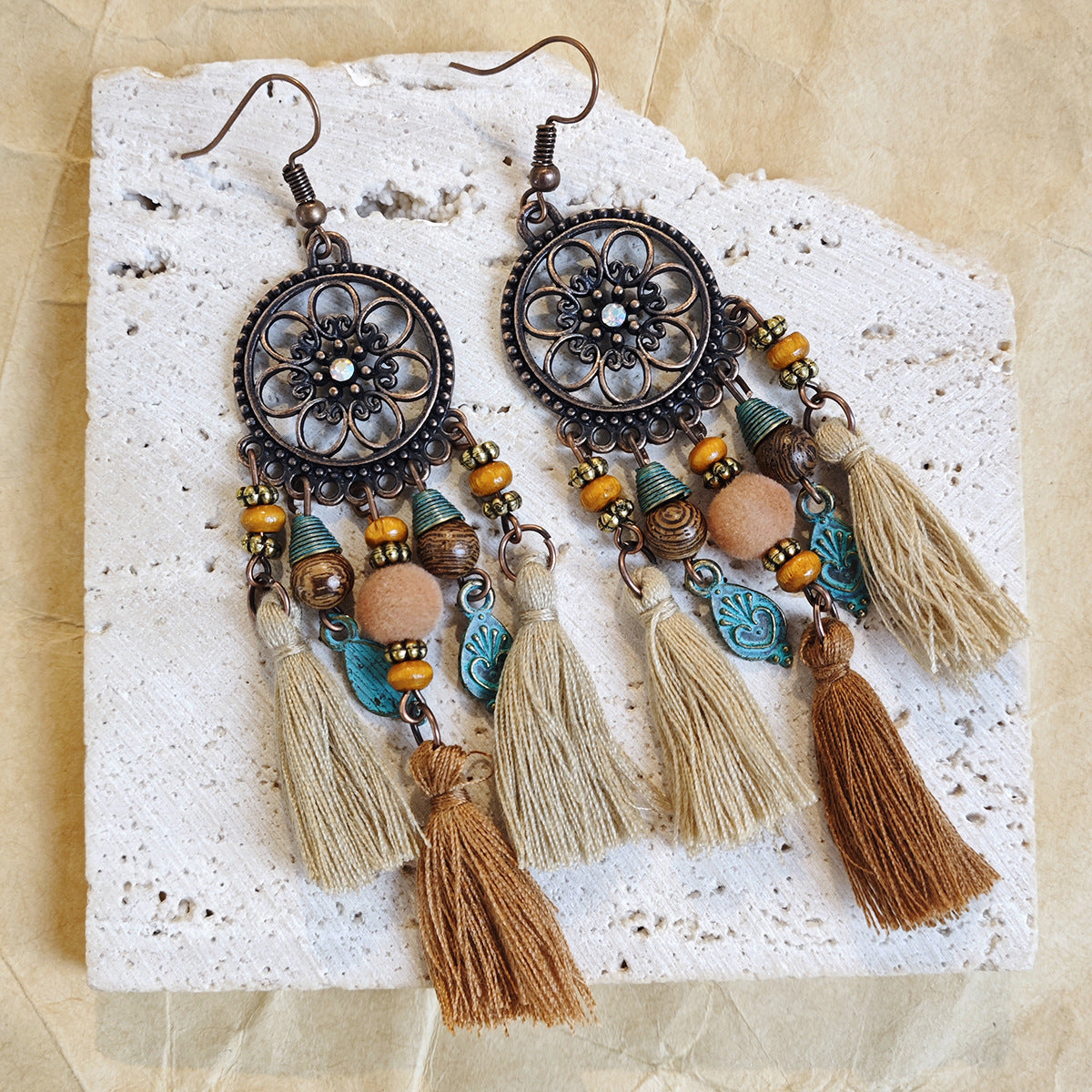 Bohemian Tassel Dangle Earrings - Vintage Floral & Beaded