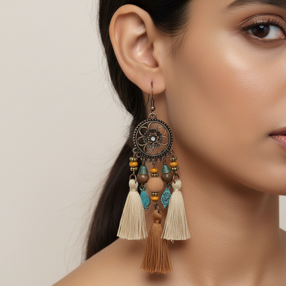 Bohemian Tassel Dangle Earrings - Vintage Floral & Beaded