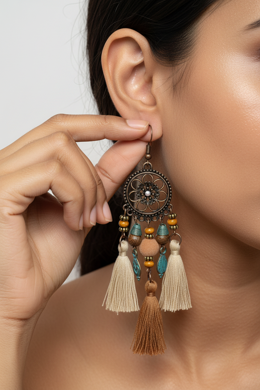 Bohemian Tassel Dangle Earrings - Vintage Floral & Beaded