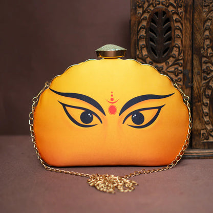 Bagmates Durga Eyes Yellow Printed D-Shape Clutch