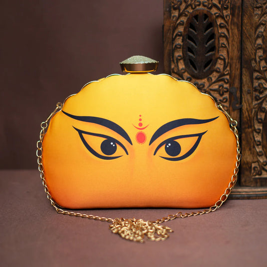 Bagmates Durga Eyes Yellow Printed D-Shape Clutch
