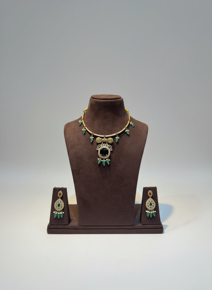 Dramatic Black Center Stone Pendant Necklace Set | Gold-Tone Green Beaded Drops & Matching Earrings | Festive Kundan Style