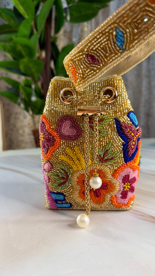 Golden Beaded Potli Bag with Colorful Floral Embroidery