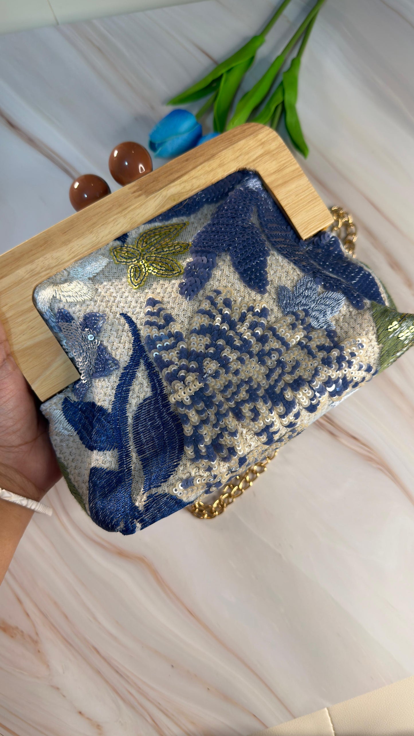 Handcrafted Blue Floral Sequin Clutch Bag with Wooden Frame
