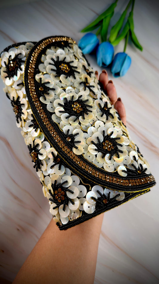 Pearl & Sequin Floral Clutch - Evening Handbag