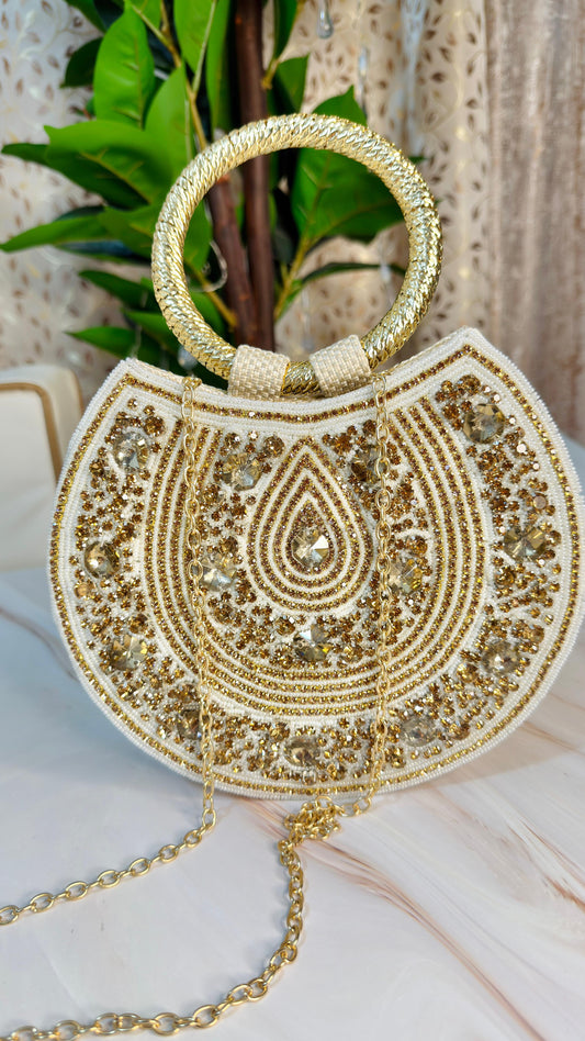 Elegant White & Gold Beaded Embellished Clutch Bag
